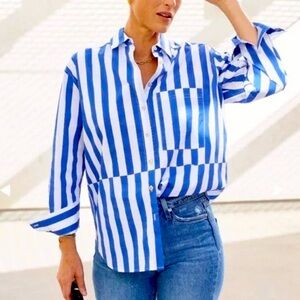 AYR The Deep End Button Down Shirt in Marais Blue Regatta Stripe Size XS - NWT
